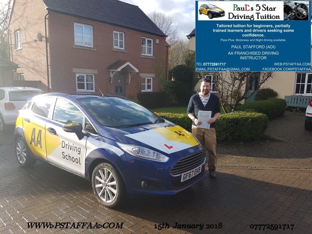 Test Pass Pupil John Hall with Paul's 5 star driving tuition in hereford 12th January 2018